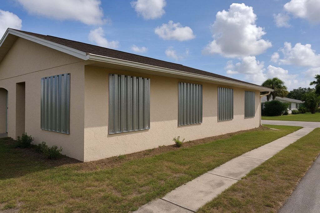 Corrugated aluminum storm panels mounted over the front windows of a Florida home