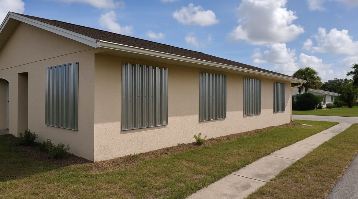 Corrugated aluminum storm panels mounted over the front windows of a Florida home