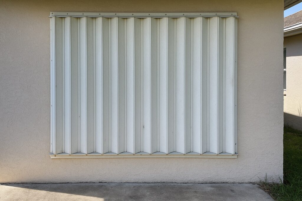 Aging white accordion hurricane shutter closed over a Florida home window, blades evenly aligned