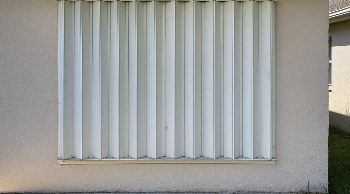 Aging white accordion hurricane shutter closed over a Florida home window, blades evenly aligned