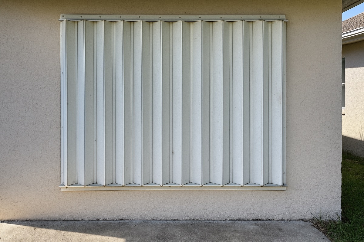 Aging white accordion hurricane shutter closed over a Florida home window, blades evenly aligned