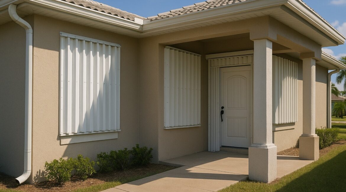 Florida home exterior with metal hurricane shutters as a storm-protection feature