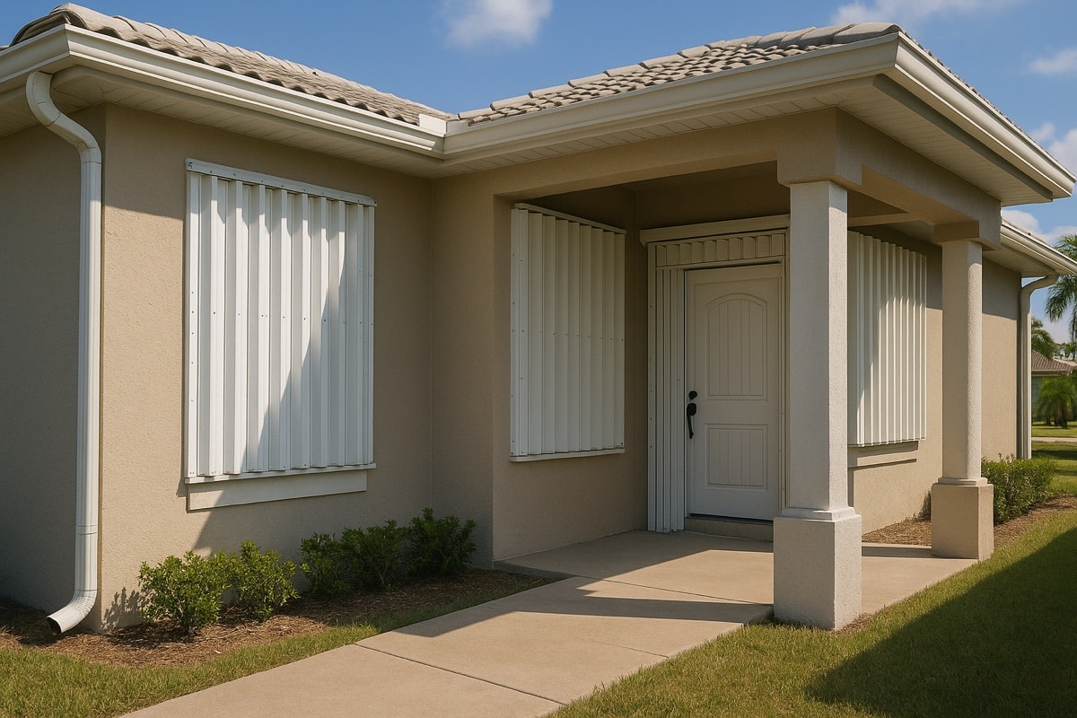 Florida home exterior with metal hurricane shutters as a storm-protection feature