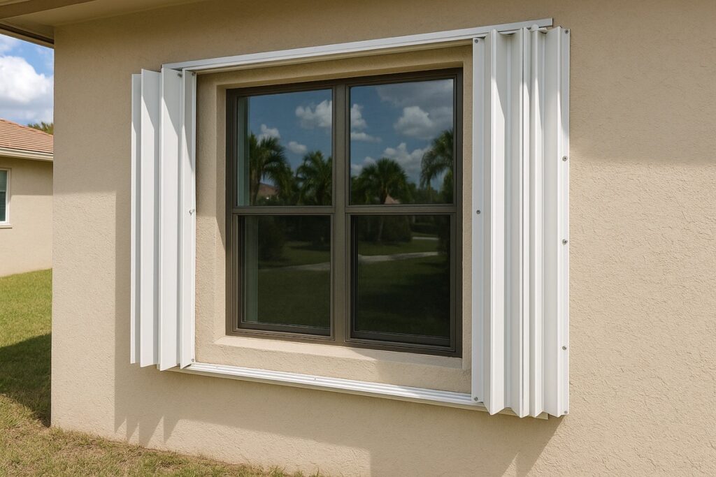 Newly installed white accordion hurricane shutters folded open beside a Florida home window