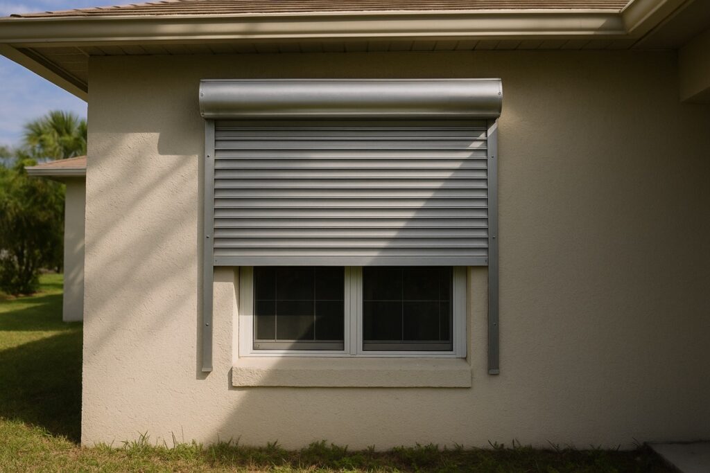 Roll-down hurricane shutter partially lowered over a Florida home window