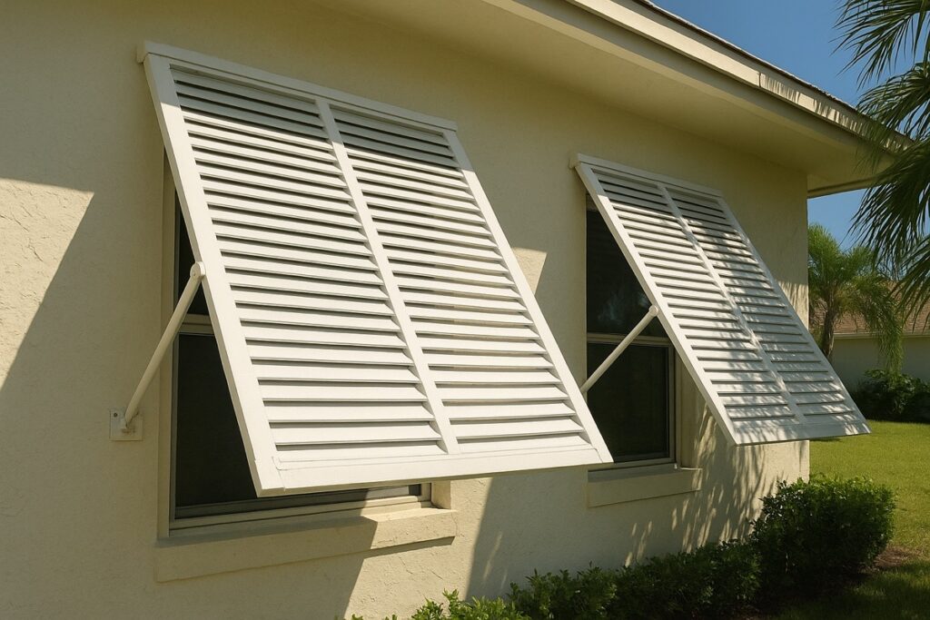Bahama hurricane shutters propped open over Florida home windows