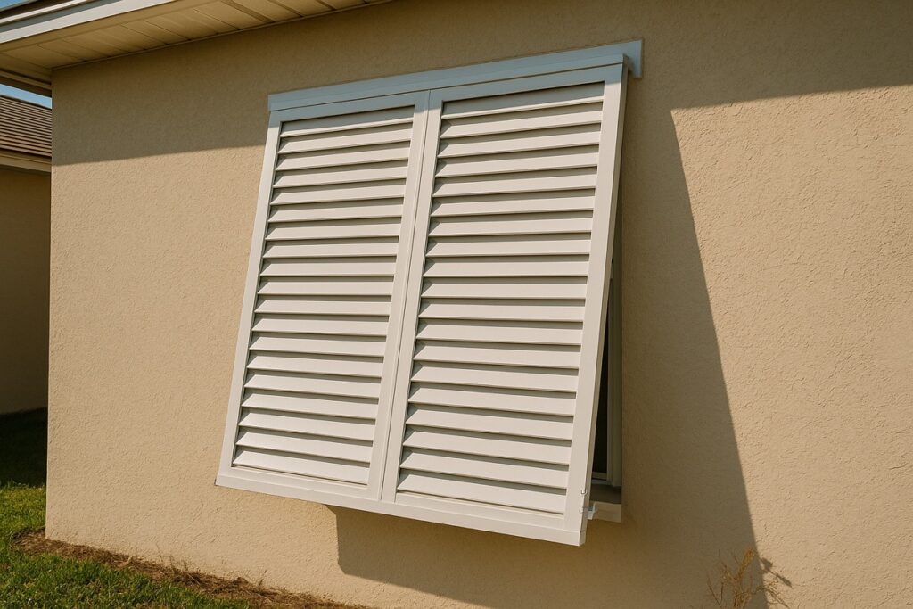 Bahama hurricane shutter closed over a window for storm protection