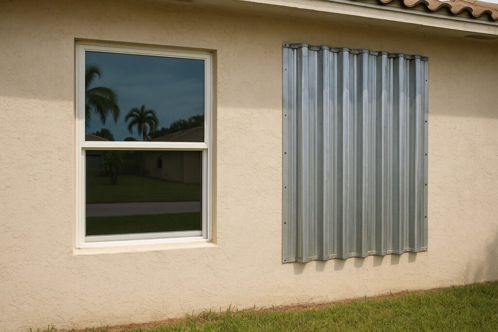 Florida home window with an impact-resistant window beside aluminum storm panels