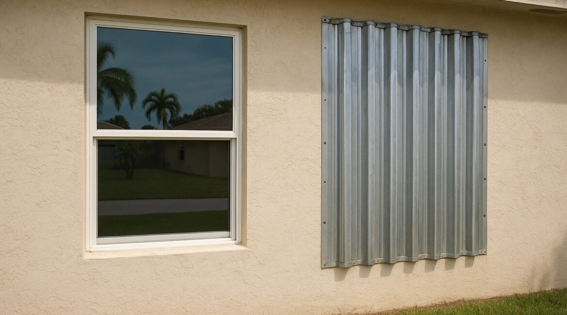 Florida home window with an impact-resistant window beside aluminum storm panels
