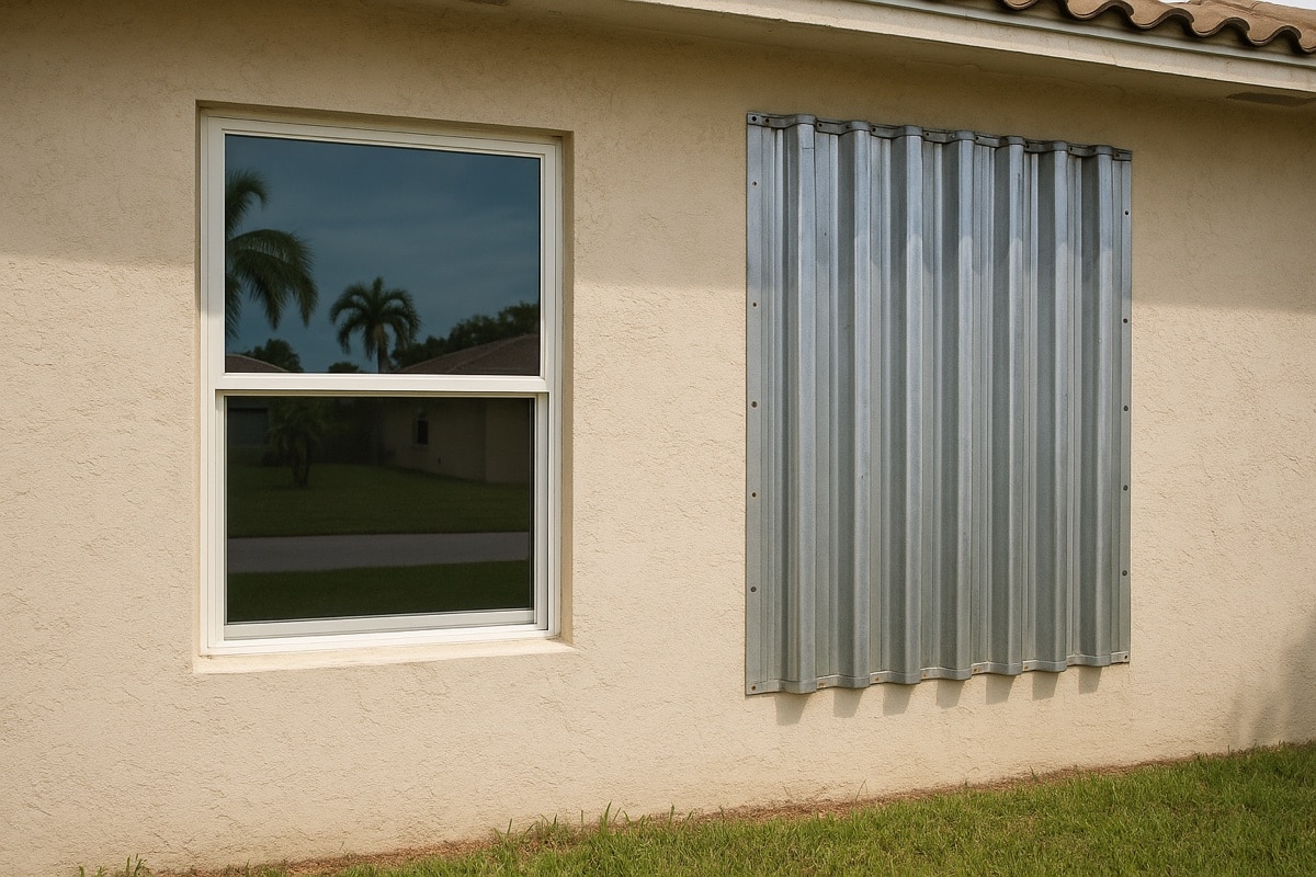 Florida home window with an impact-resistant window beside aluminum storm panels