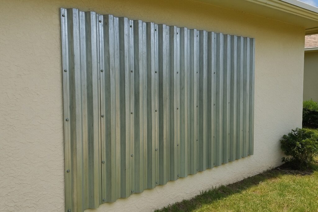 Corrugated aluminum storm panels bolted over a Florida home window