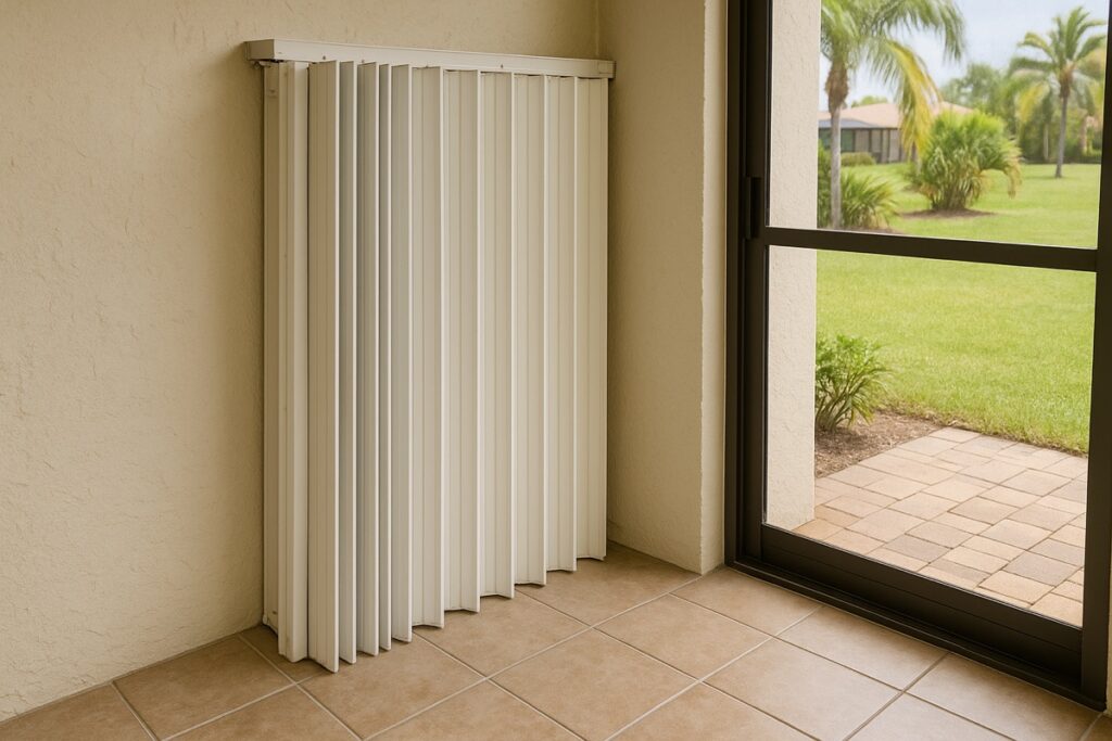 Well-maintained white accordion hurricane shutter folded open on a Florida lanai