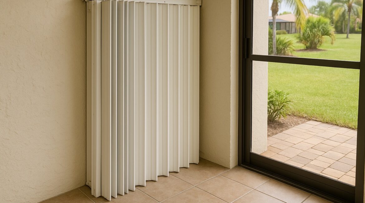Well-maintained white accordion hurricane shutter folded open on a Florida lanai