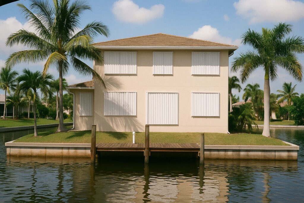 Two-story Florida waterfront home with accordion hurricane shutters on the windows