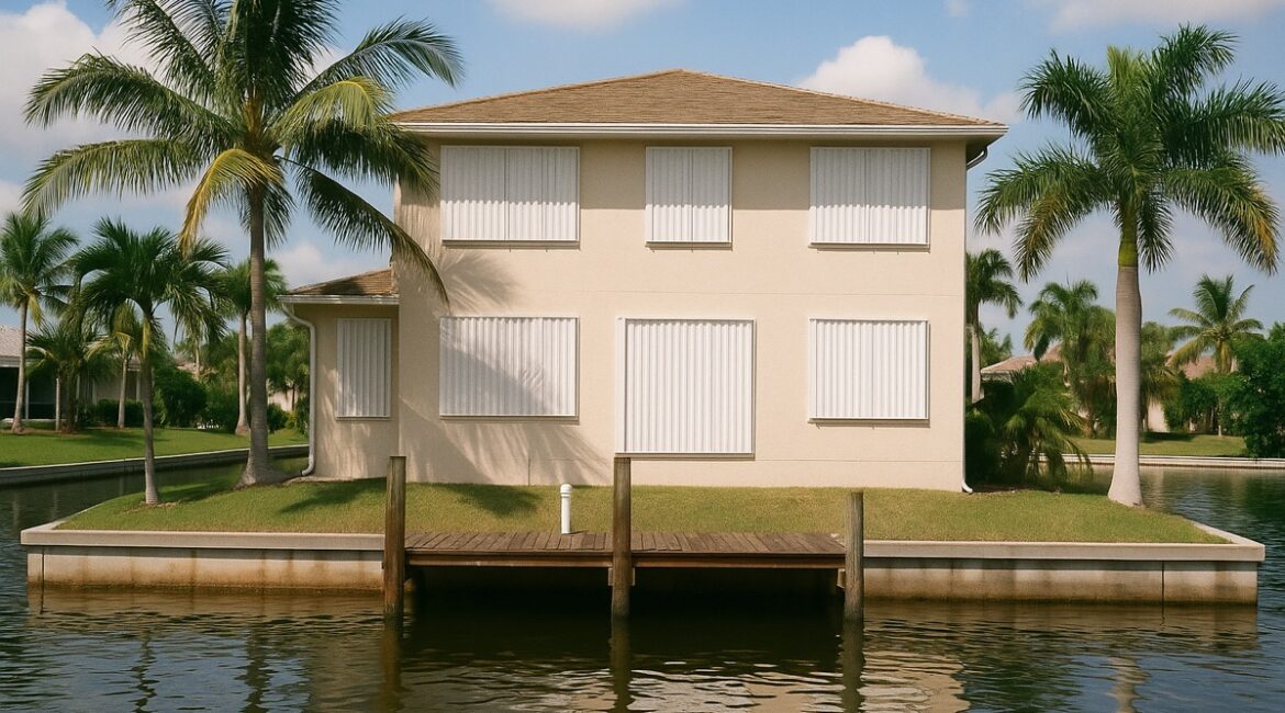 Two-story Florida waterfront home with accordion hurricane shutters on the windows