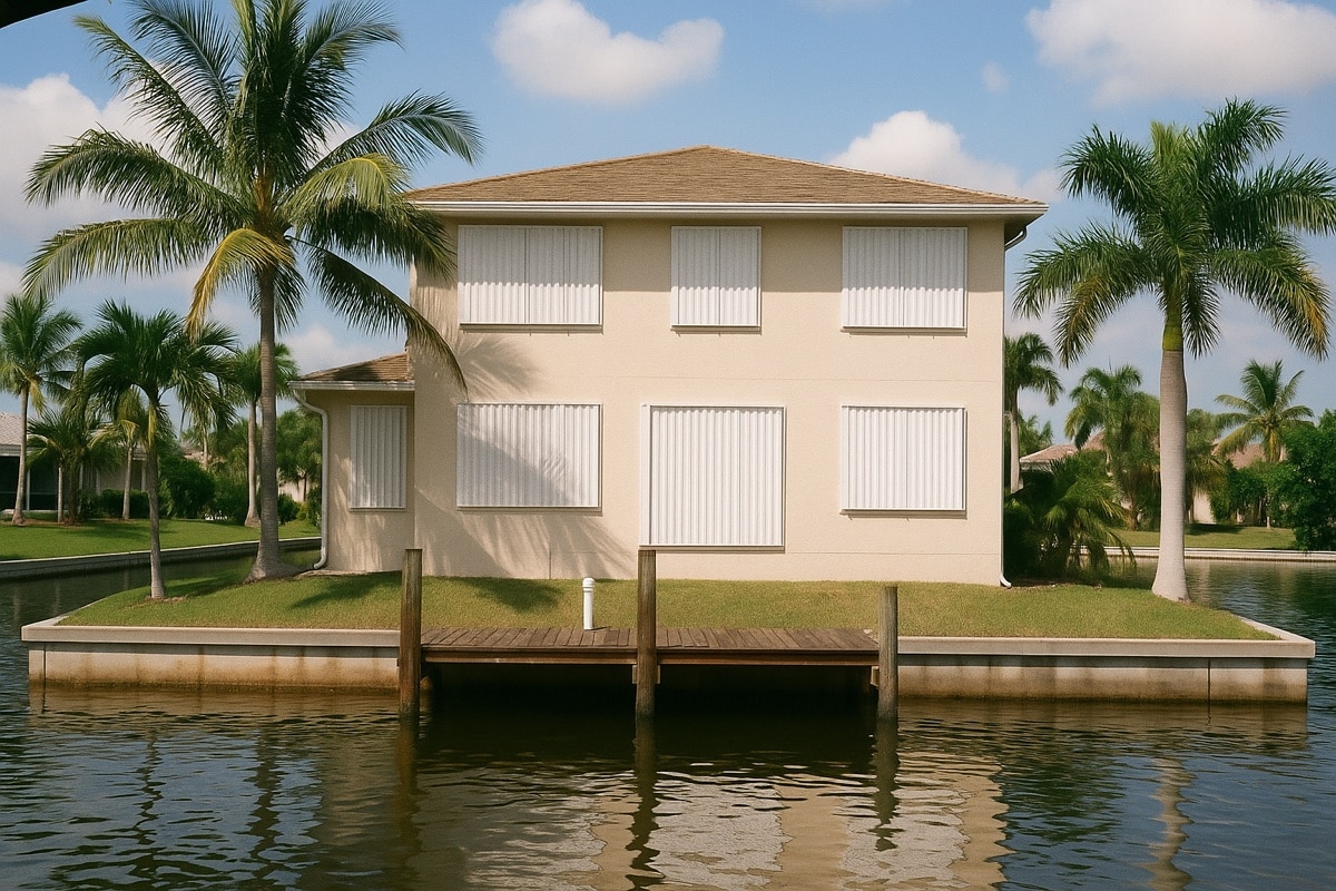 Two-story Florida waterfront home with accordion hurricane shutters on the windows