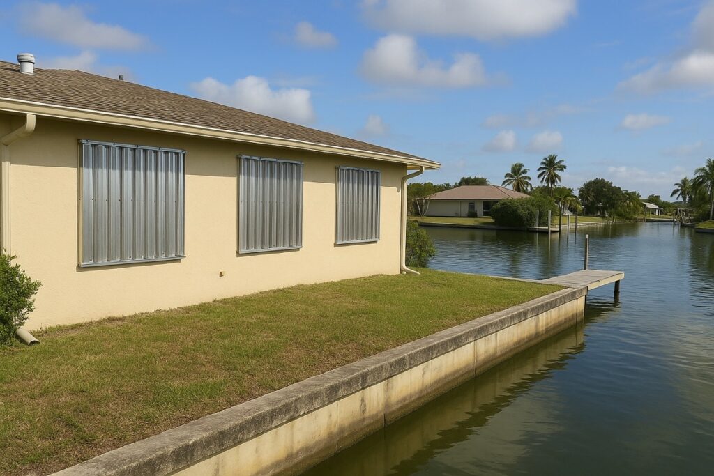 Florida waterfront home with hurricane shutters along the windows