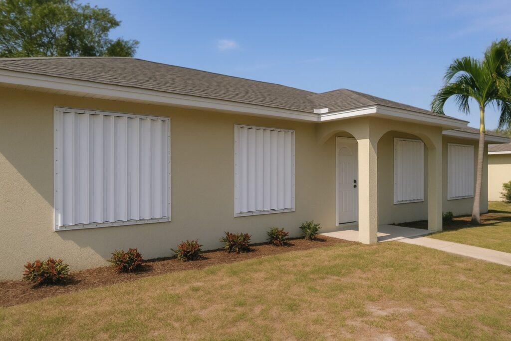 Florida home with newly installed metal hurricane shutters over the front windows
