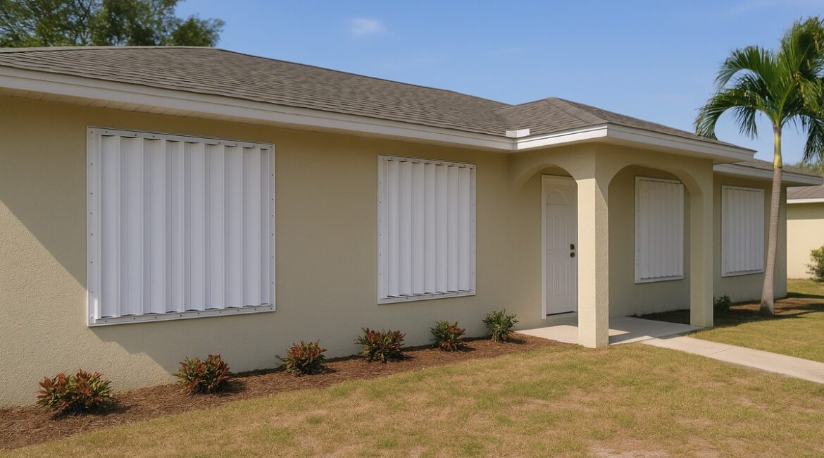 Florida home with newly installed metal hurricane shutters over the front windows