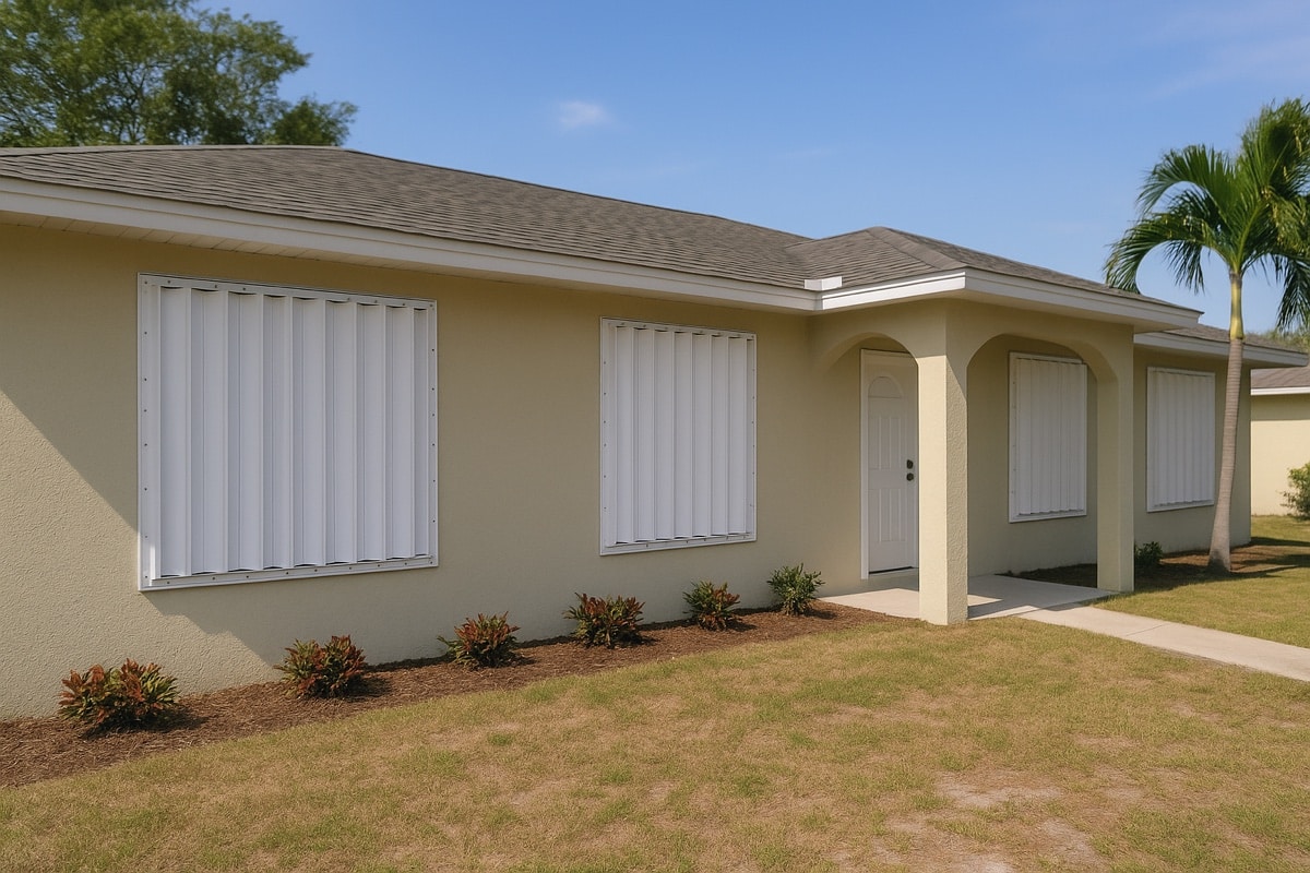 Florida home with newly installed metal hurricane shutters over the front windows