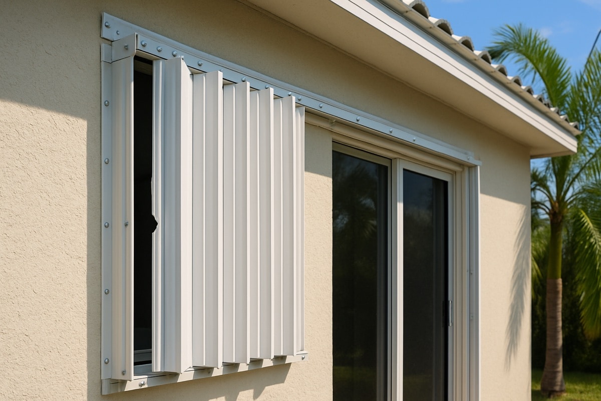Newly installed white aluminum accordion hurricane shutter beside a sliding glass door on a Fort Myers home