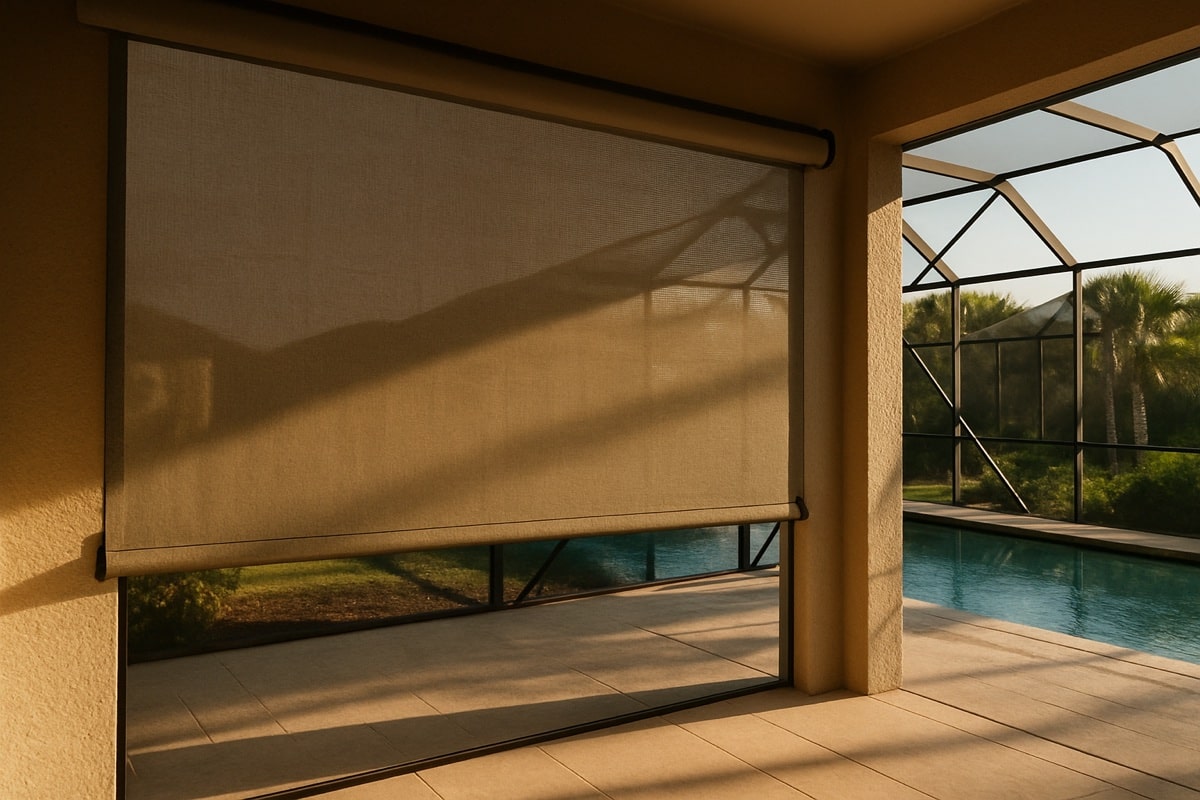 Roll-down hurricane fabric screen deployed over a covered lanai opening on a Southwest Florida home
