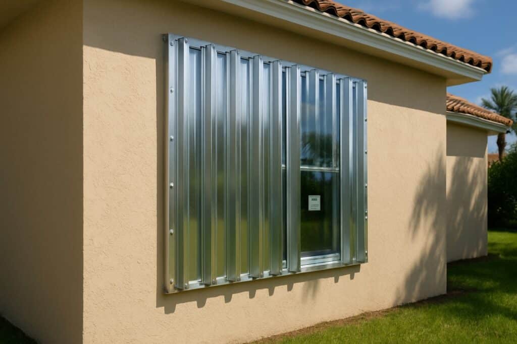 Product-approved impact-rated storm panels installed over a window on a Florida home