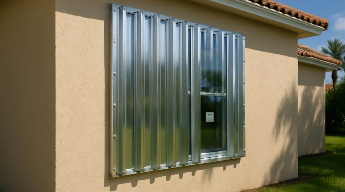 Product-approved impact-rated storm panels installed over a window on a Florida home