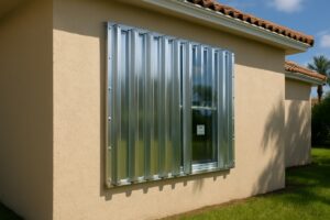 Product-approved impact-rated storm panels installed over a window on a Florida home