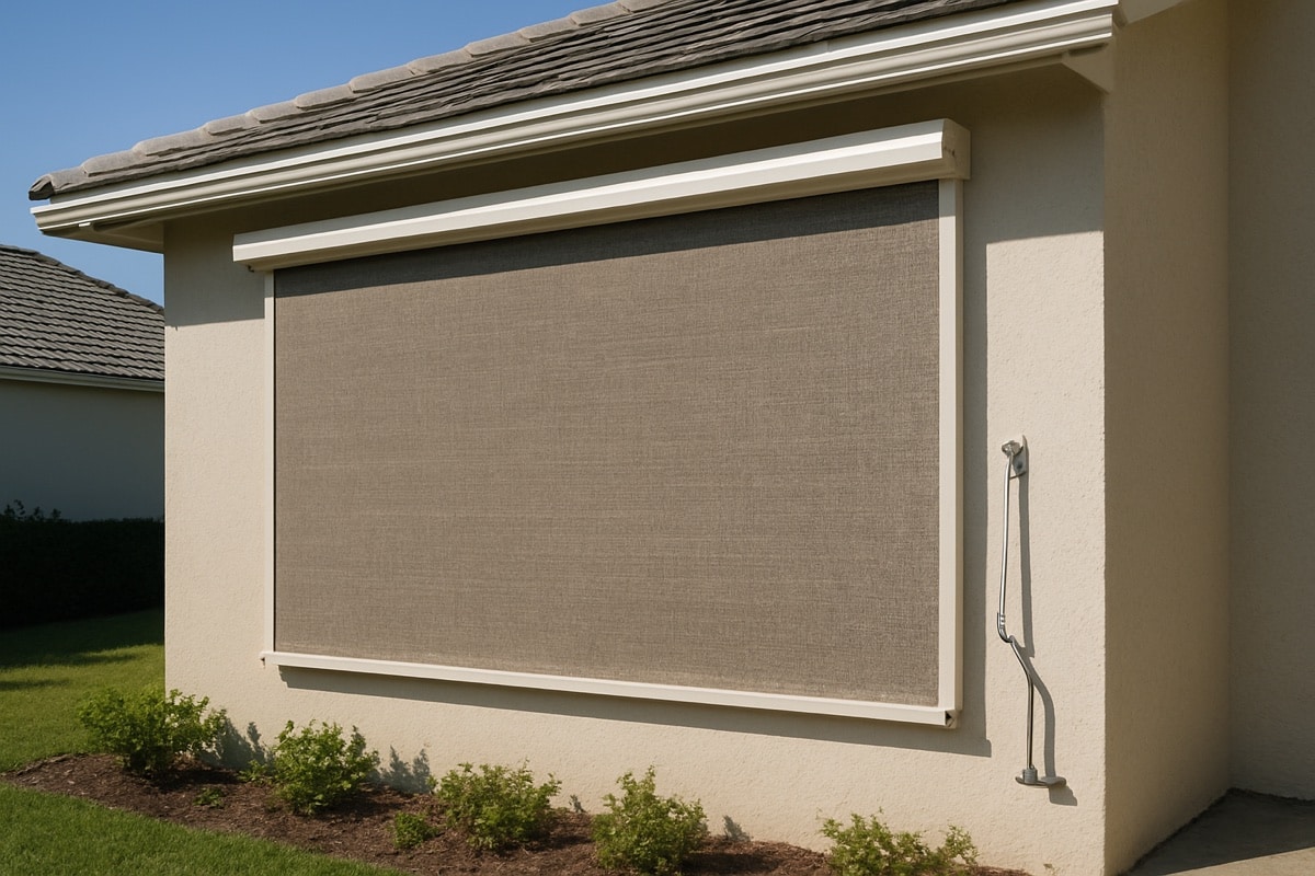 Manual roll-down storm screen with hand crank covering a window on a Florida home