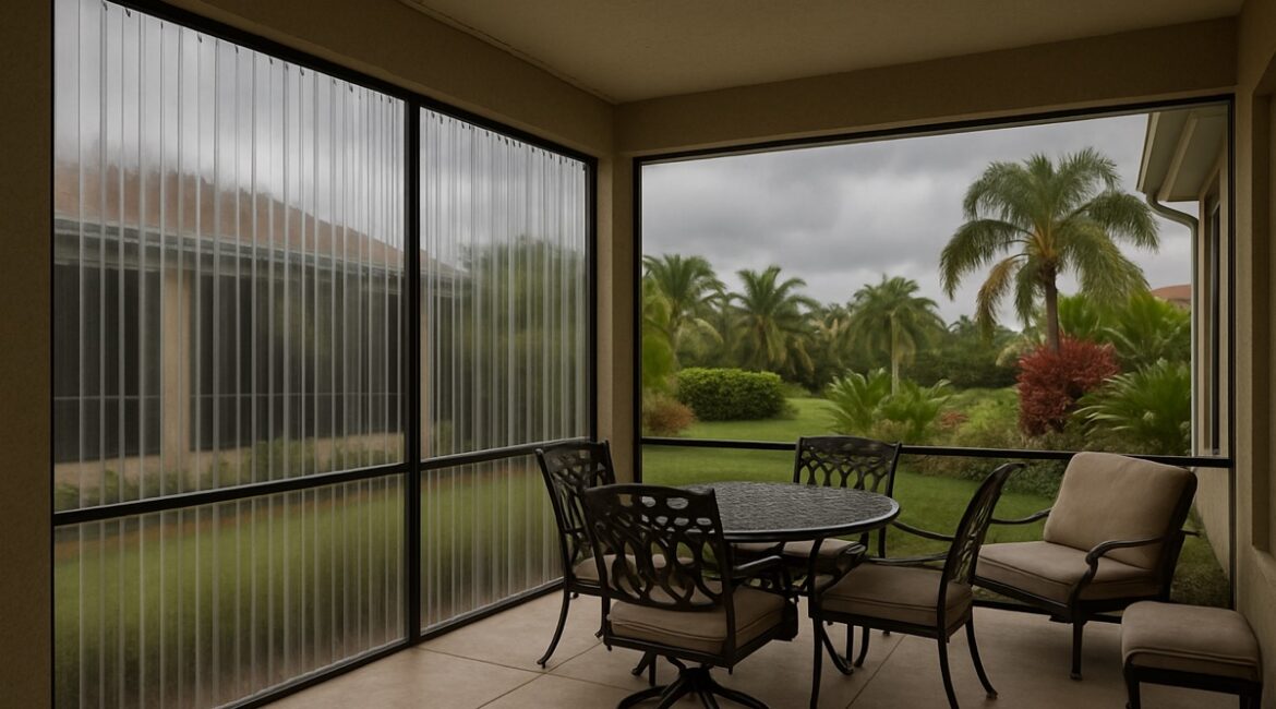 Lanai openings protected by clear polycarbonate hurricane panels before a storm