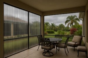 Lanai openings protected by clear polycarbonate hurricane panels before a storm