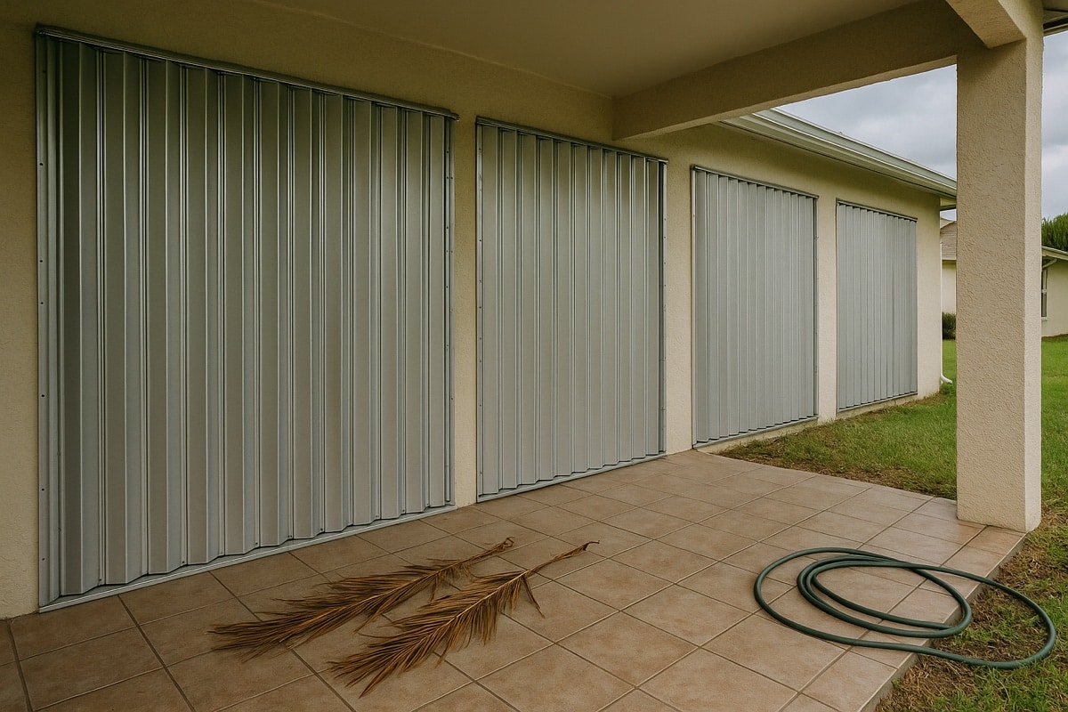 Accordion hurricane shutters closed across a Florida home lanai patio openings before a storm