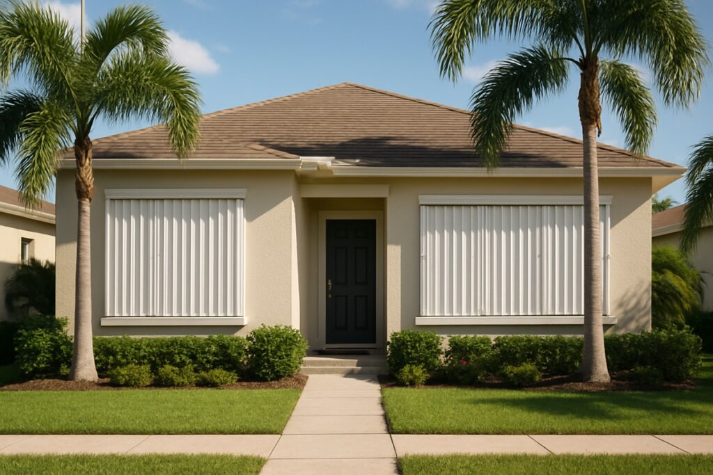 Florida home with white accordion hurricane shutters installed across the front windows
