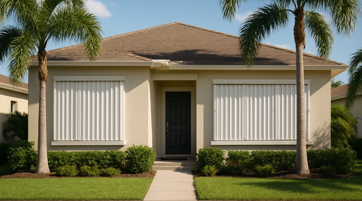 Florida home with white accordion hurricane shutters installed across the front windows