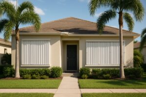 Florida home with white accordion hurricane shutters installed across the front windows