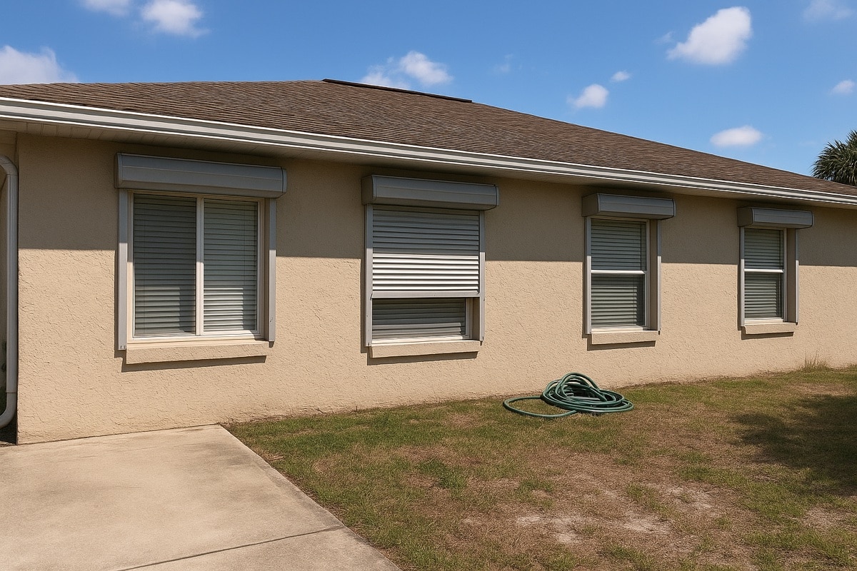 Roll-down hurricane shutter housings mounted above the windows of a Florida home