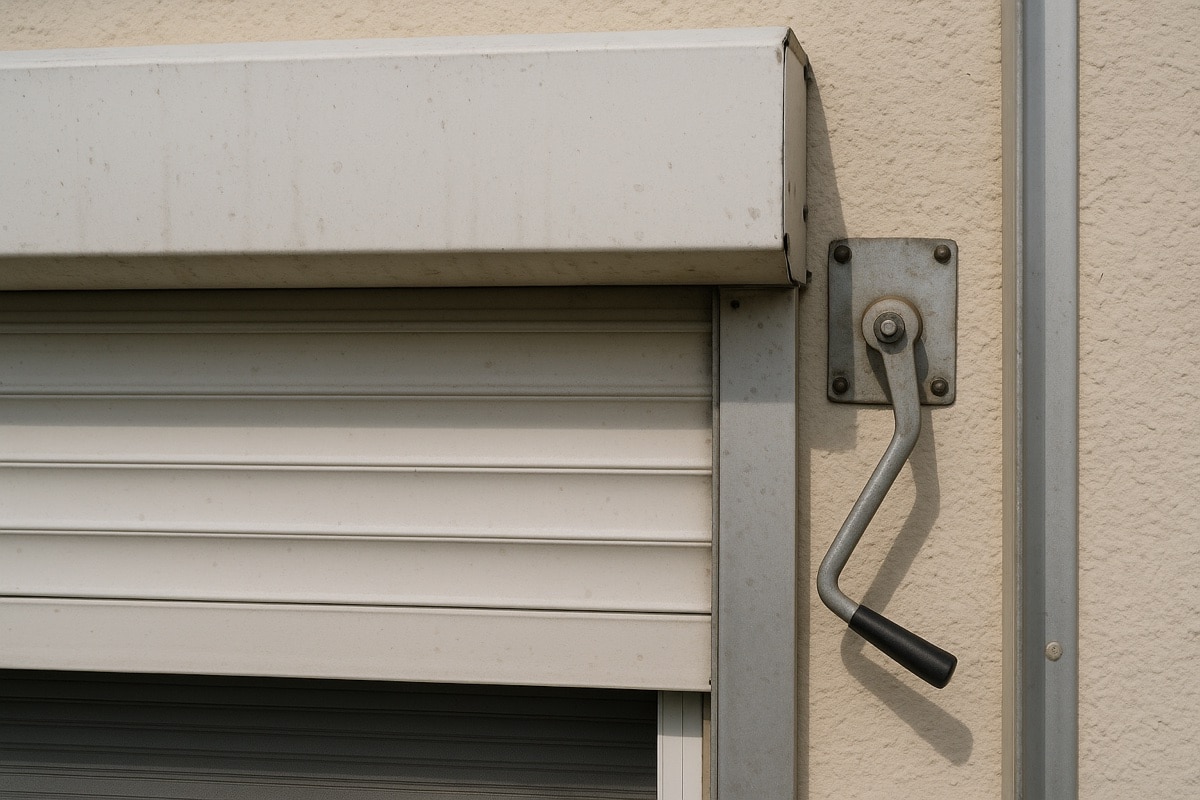 Close-up of a roll-down hurricane shutter housing and manual operating crank on a Florida home