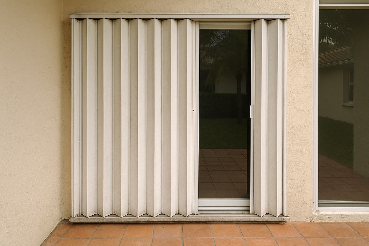 Aging white accordion hurricane shutter on a Florida patio door showing service needs