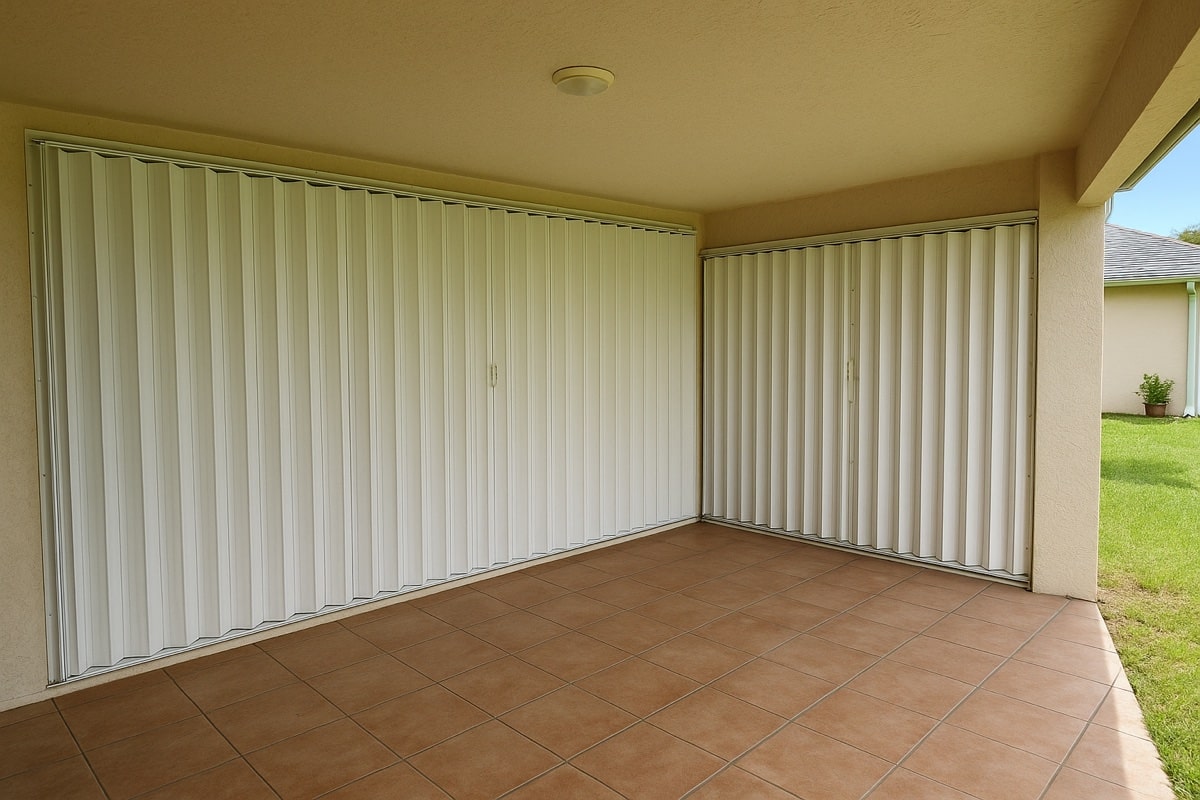 Large white accordion hurricane shutter spanning a wide Florida lanai patio opening