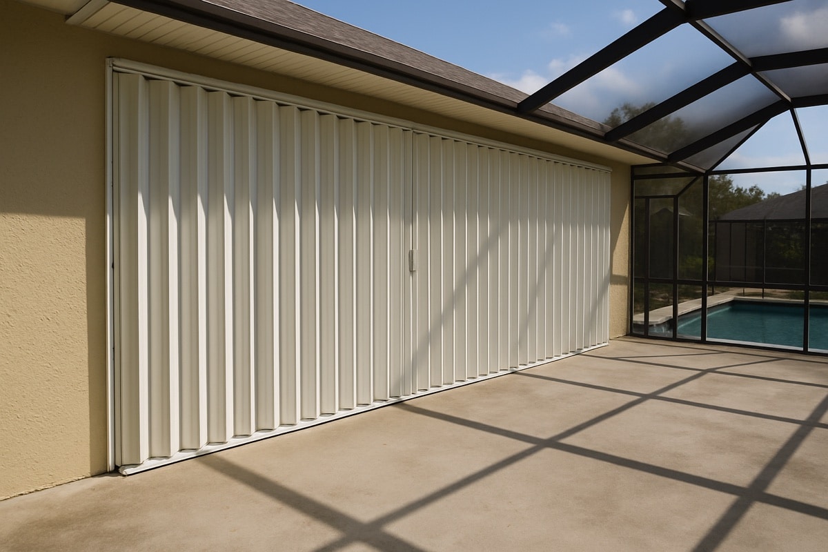 White accordion hurricane shutter protecting a wide patio sliding-door opening