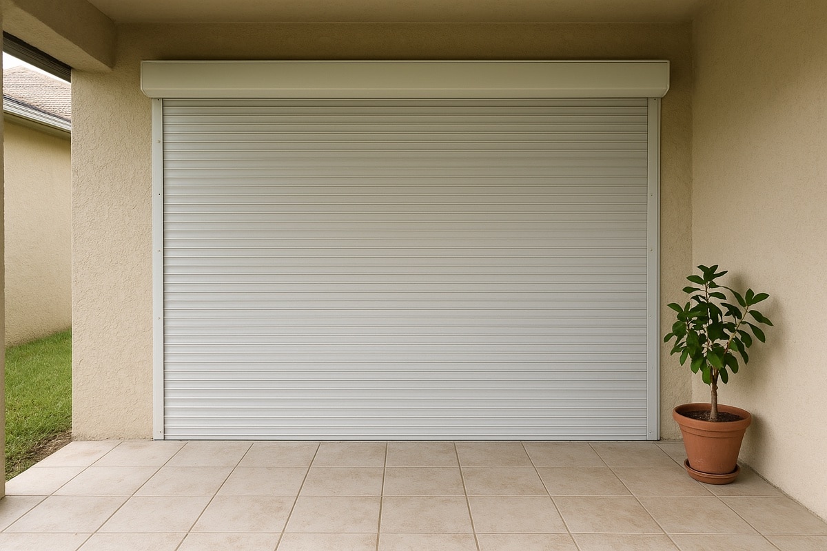 Metal roll-down hurricane shutter covering a wide patio opening on a Florida lanai