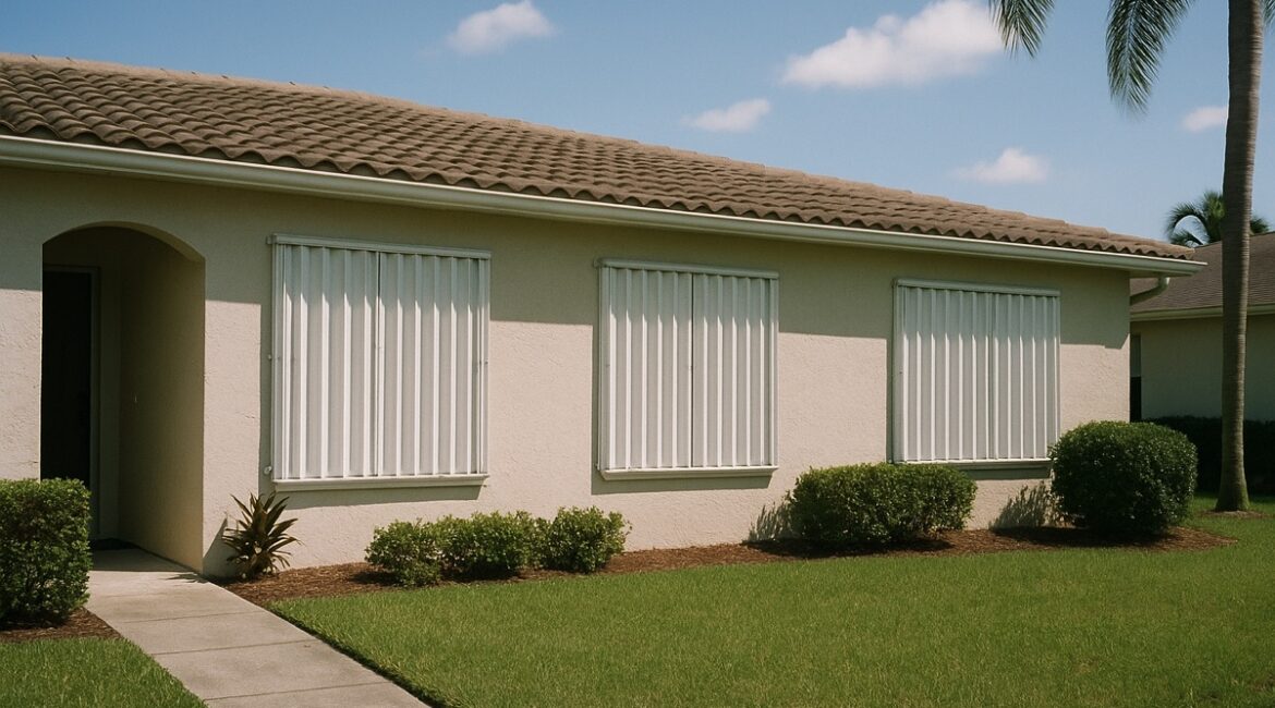 Storm-ready Florida home with metal hurricane shutters closed over the front windows