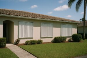 Storm-ready Florida home with metal hurricane shutters closed over the front windows