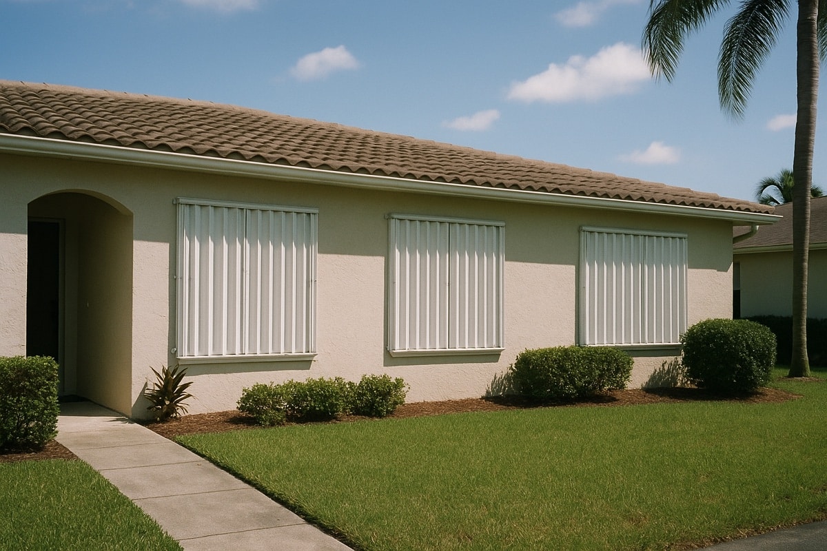 Storm-ready Florida home with metal hurricane shutters closed over the front windows