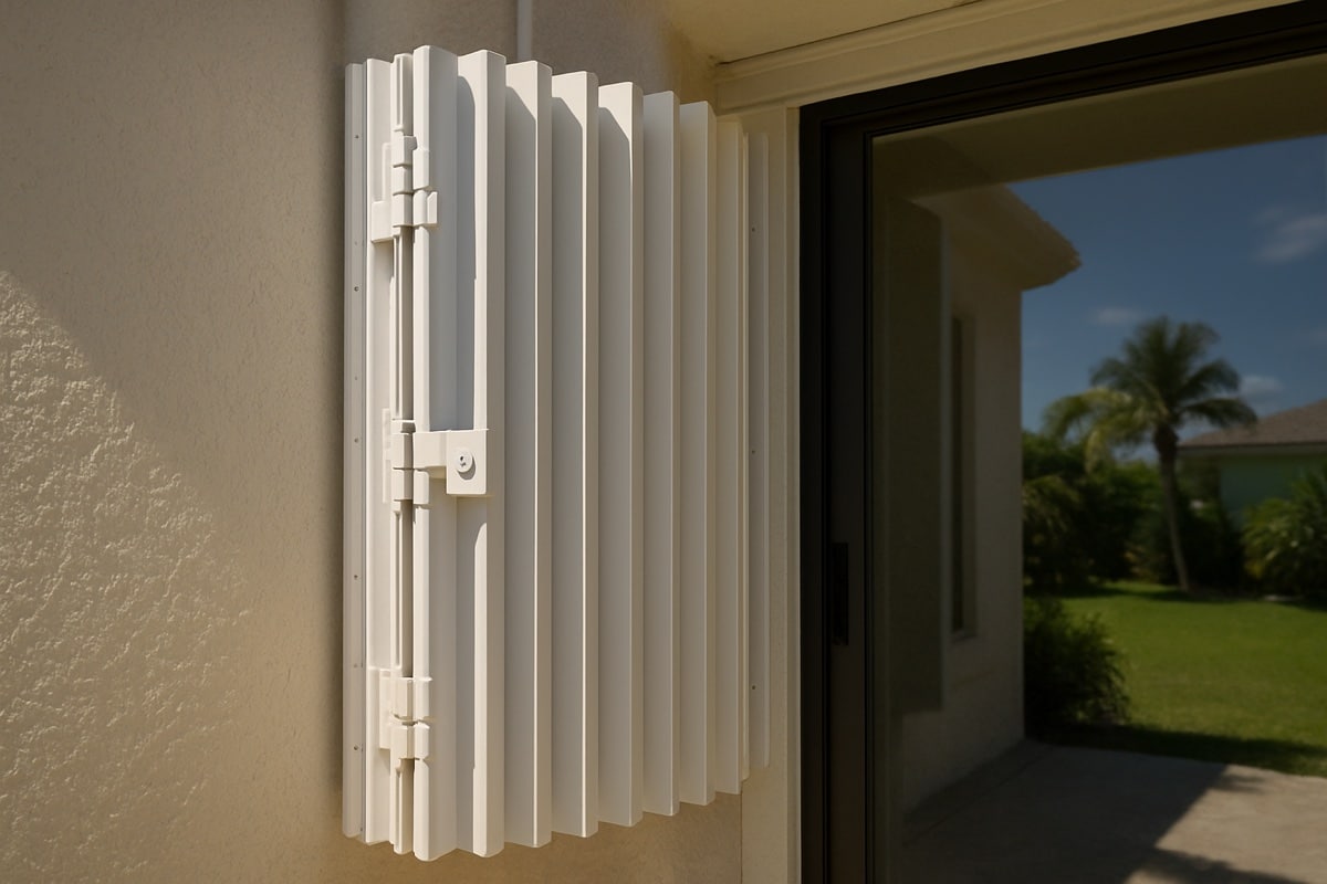Accordion hurricane shutter detail at a sliding glass door with locking blades