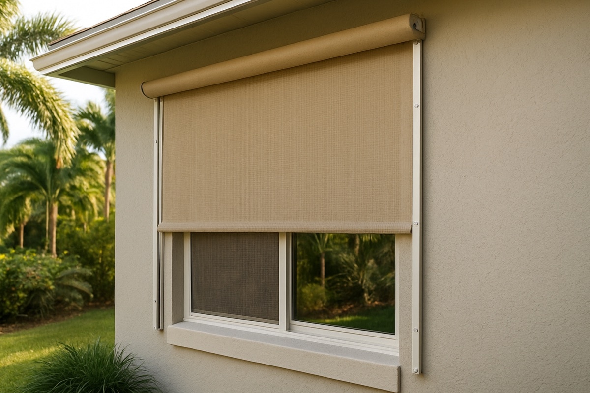 Manual roll-down storm screen half-lowered over a Florida home window