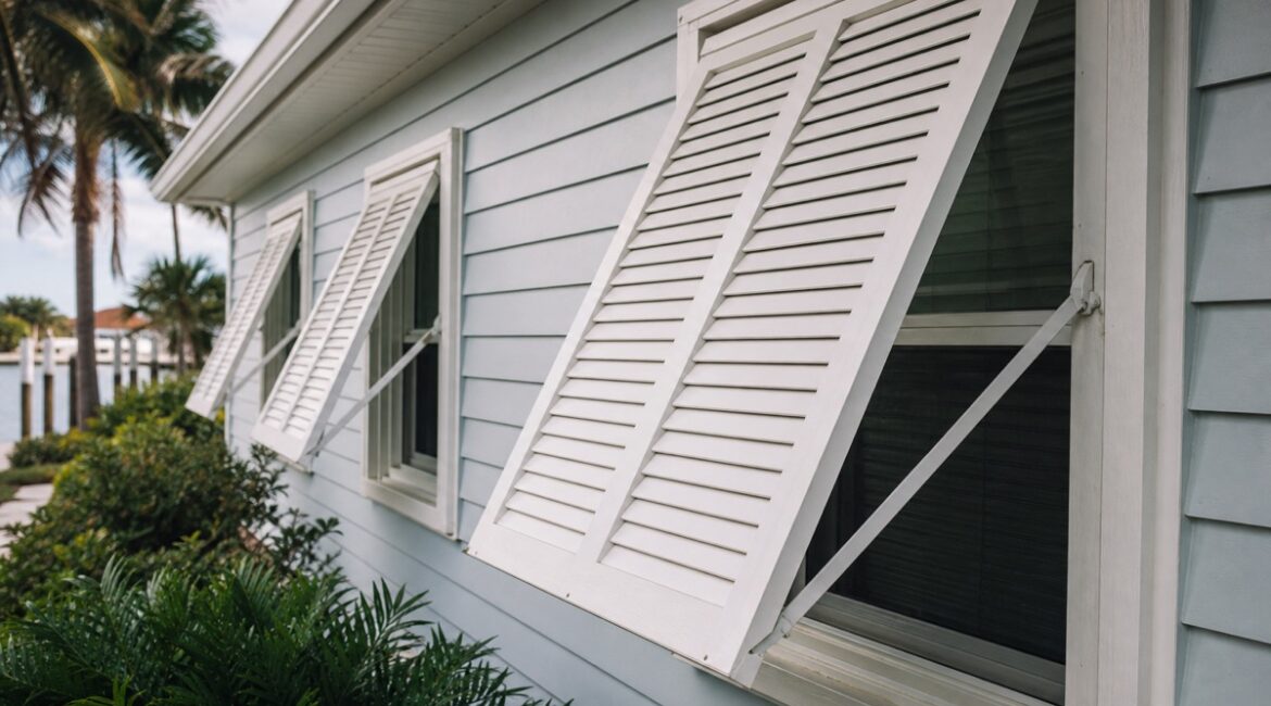 White Bahama shutters over the windows of a coastal Florida home