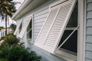 White Bahama shutters over the windows of a coastal Florida home
