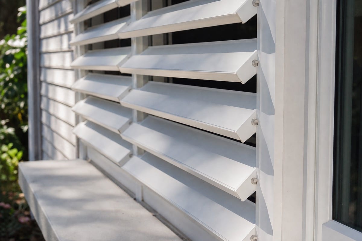 Close-up of angled Bahama shutter louvers